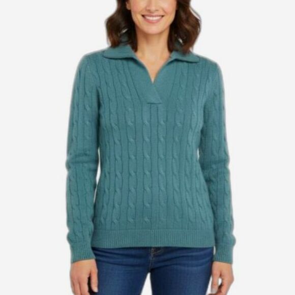 Carlisle Teal Green Silk Cashmere Cable Knit Collared V-Neck Sweater Size M - Picture 1 of 11